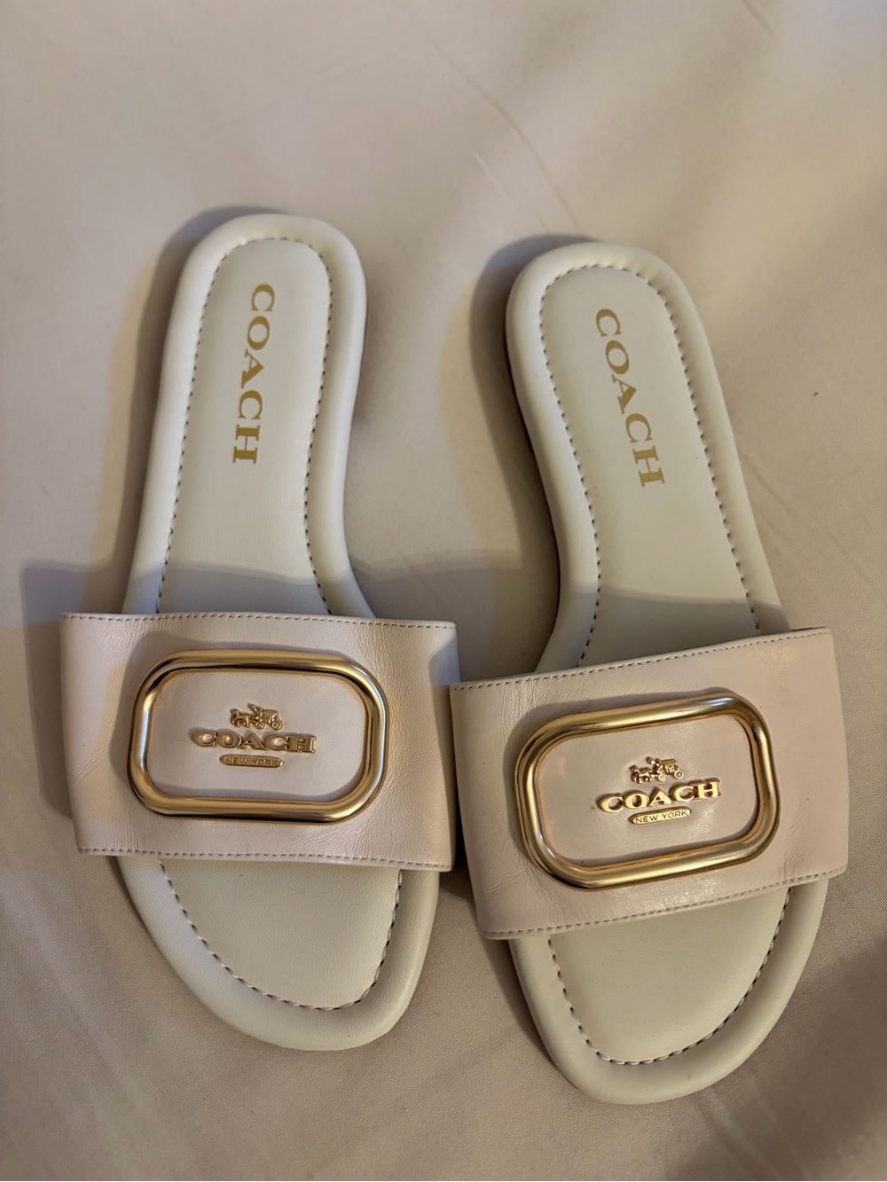 NEW Coach Cream Leather Slide Sandals with Gold Plaque